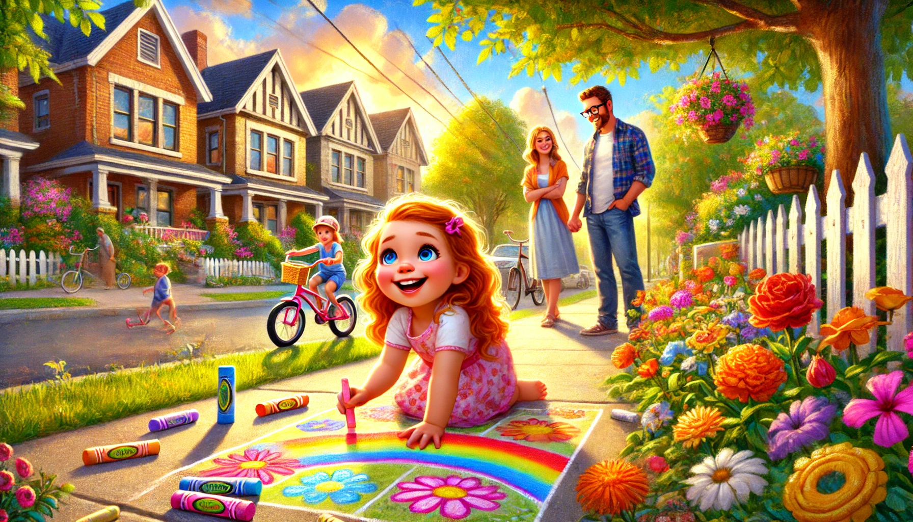 Family enjoys a sunny afternoon with Crayola Sidewalk Chalk, creating colorful art on the pavement.