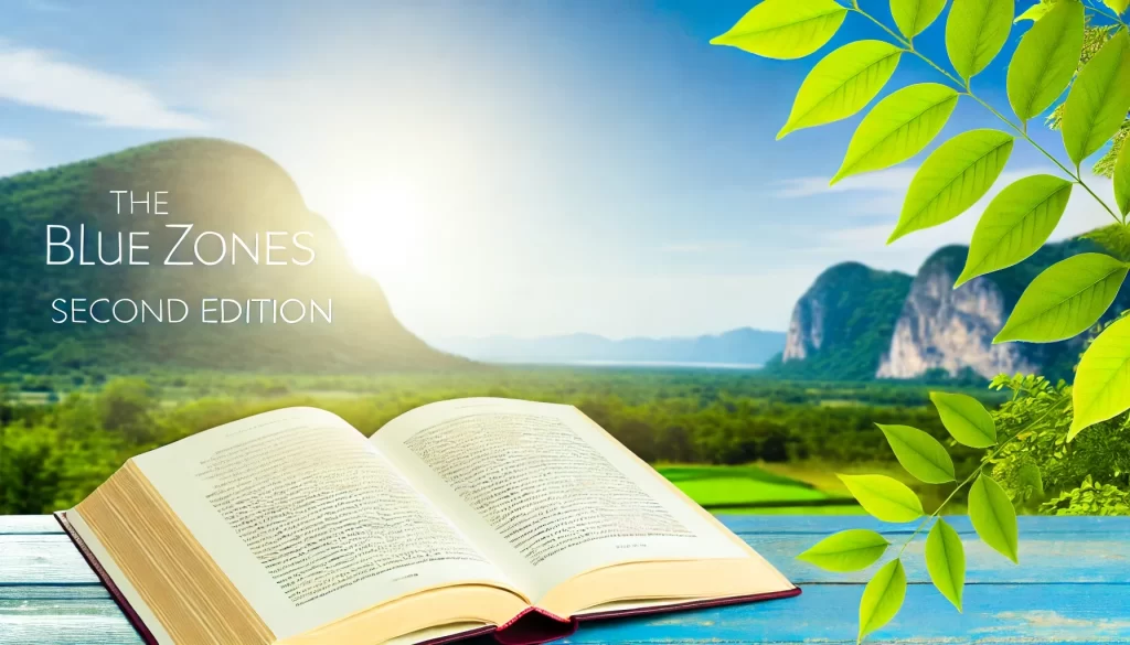 Serene landscape and open book symbolizing The Blue Zones live longer and healthy living.