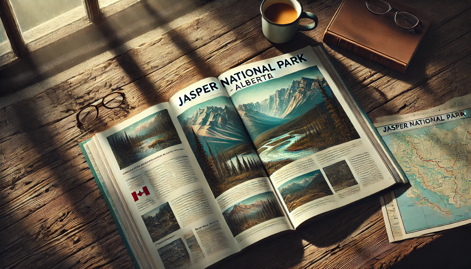 An open guidebook showcases Jasper National Park, Alberta, on a table, hinting at adventures in the Canadian Rockies.