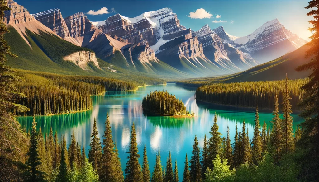 This iconic view of Jasper National Park in Canada features majestic mountains, a pristine lake, and verdant forests.