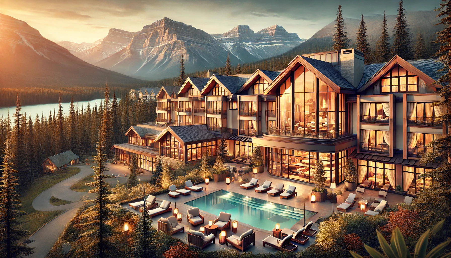 Luxury hotels in Jasper National Park with elegant architecture and breathtaking mountain and forest views.