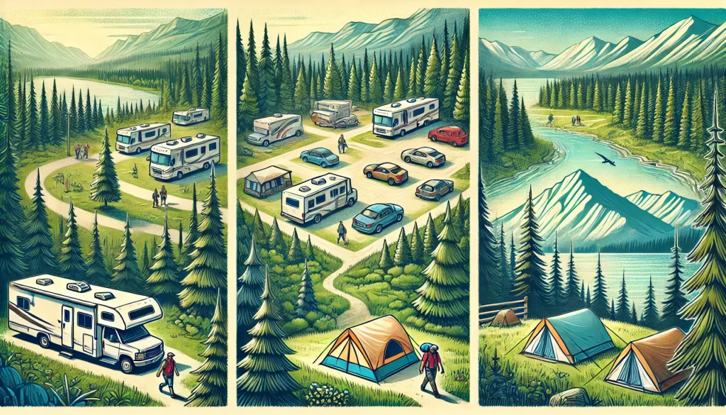 Three distinct camping experiences in Jasper National Park, Canada: RV, tent, and backcountry camping.