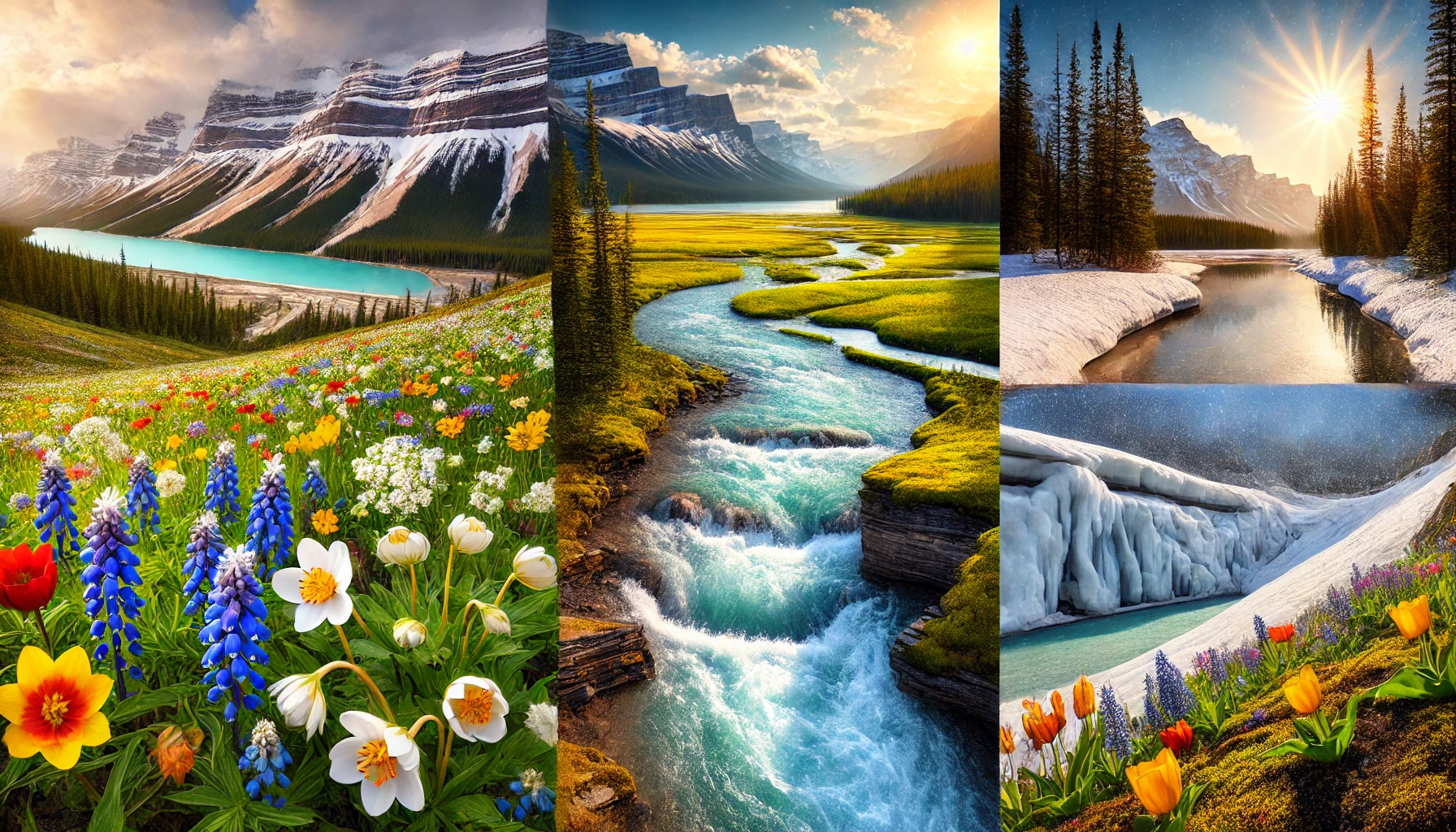 Spring landscape in Jasper National Park, Canada with blooming wildflowers, gushing rivers, and snow-capped mountains.