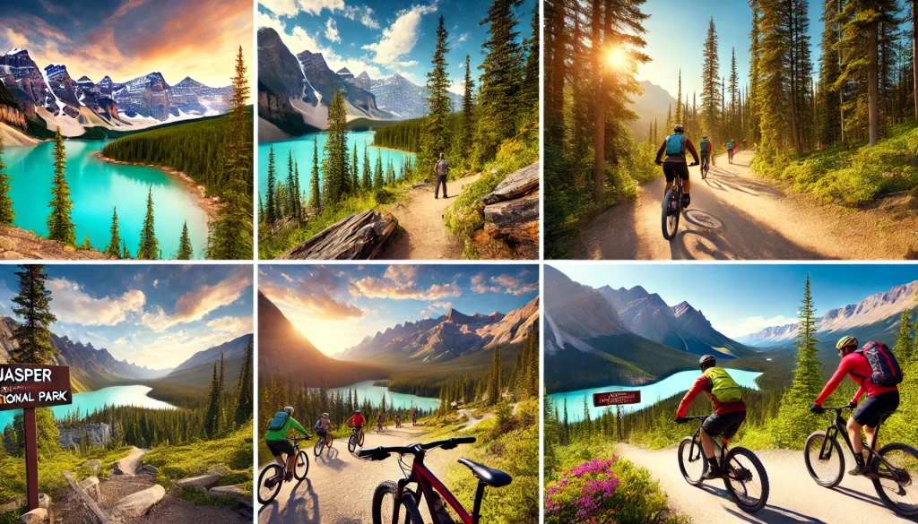 Hiking and biking trails in Jasper National Park, featuring separate scenes with lush landscapes.