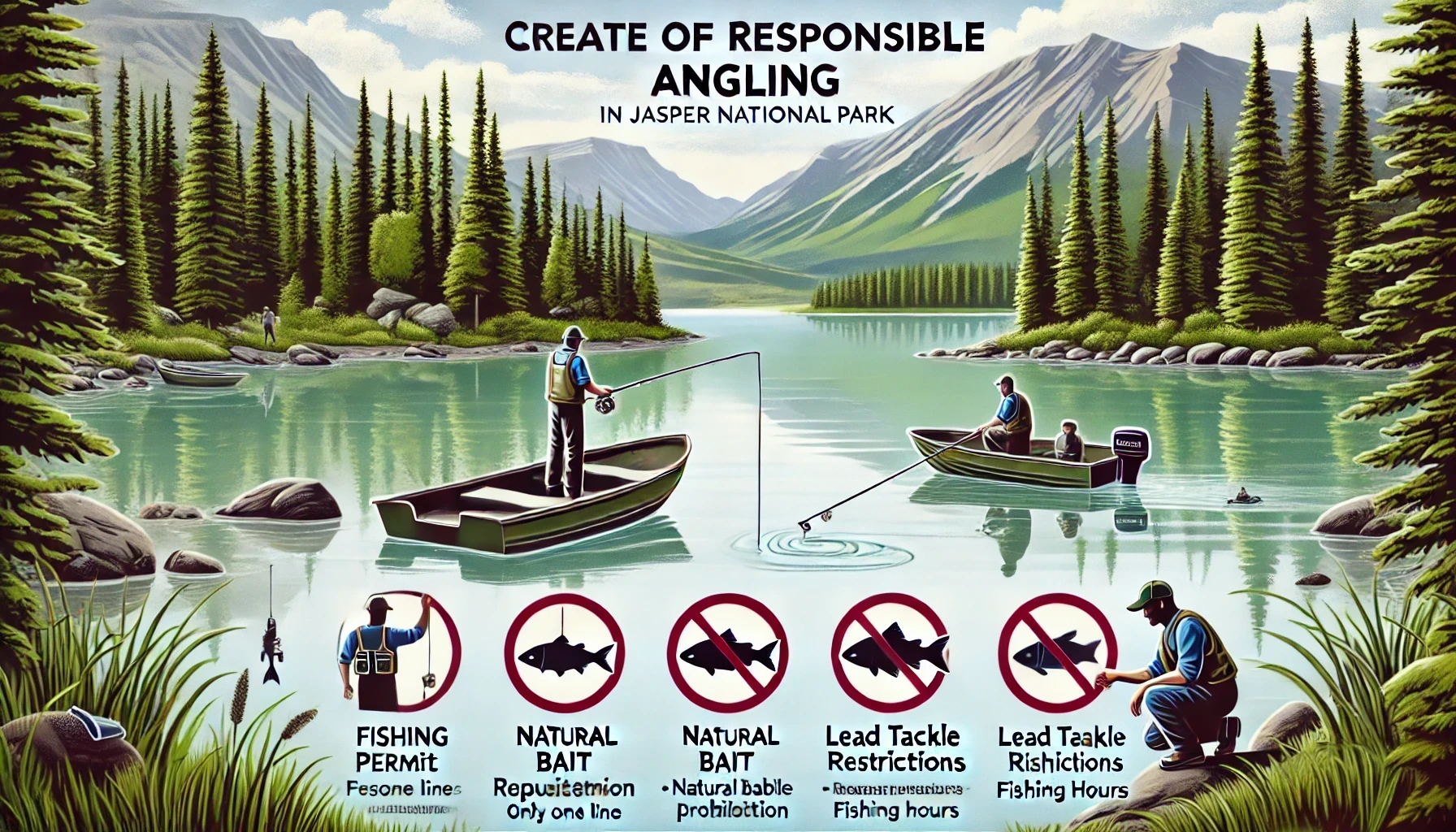 Anglers fishing responsibly in Jasper National Park in Canada, highlighting key regulations with symbols.