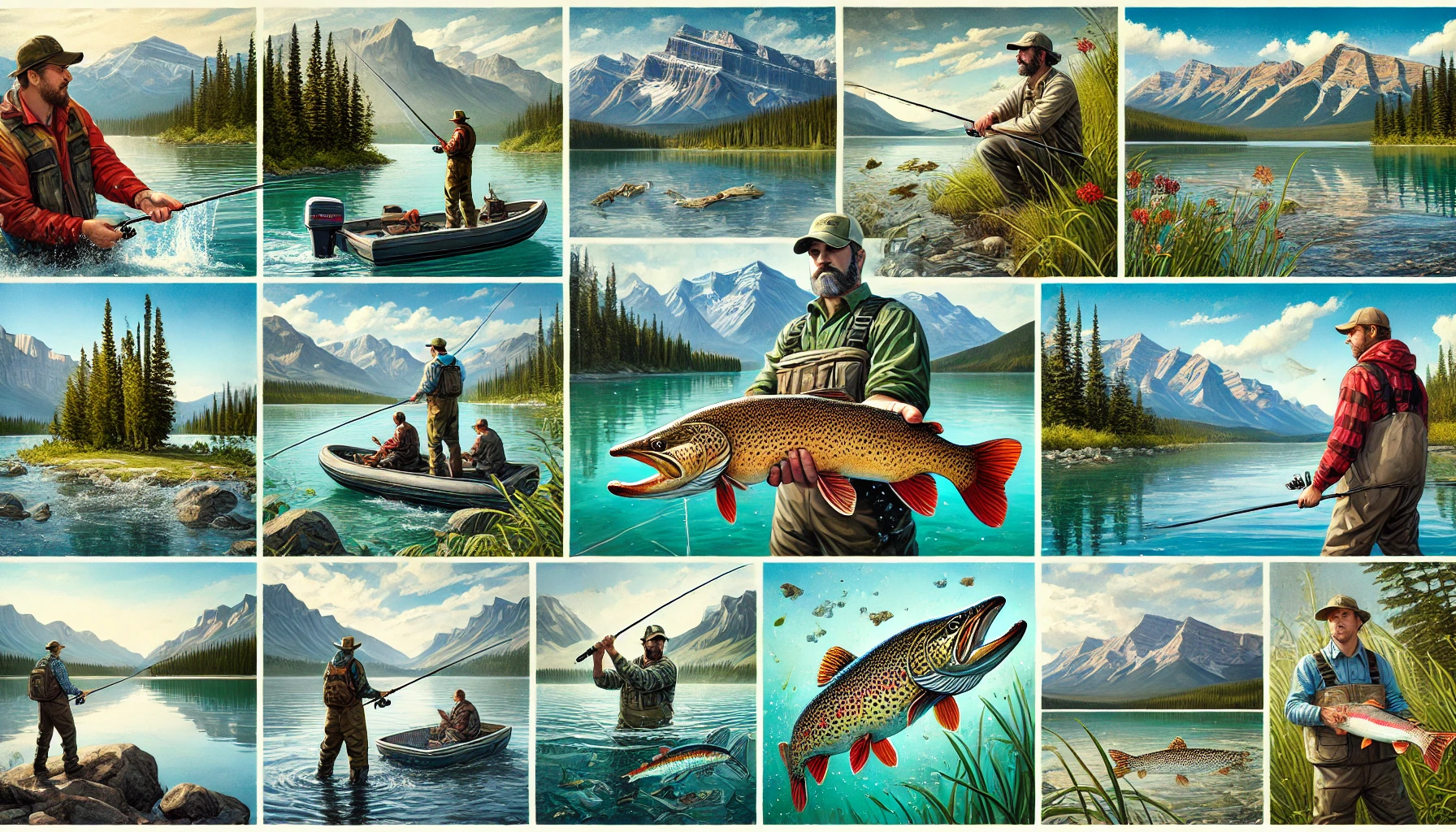 Anglers fishing in Jasper National Park, Canada, showcasing diverse lakes, fish species, and landscapes.