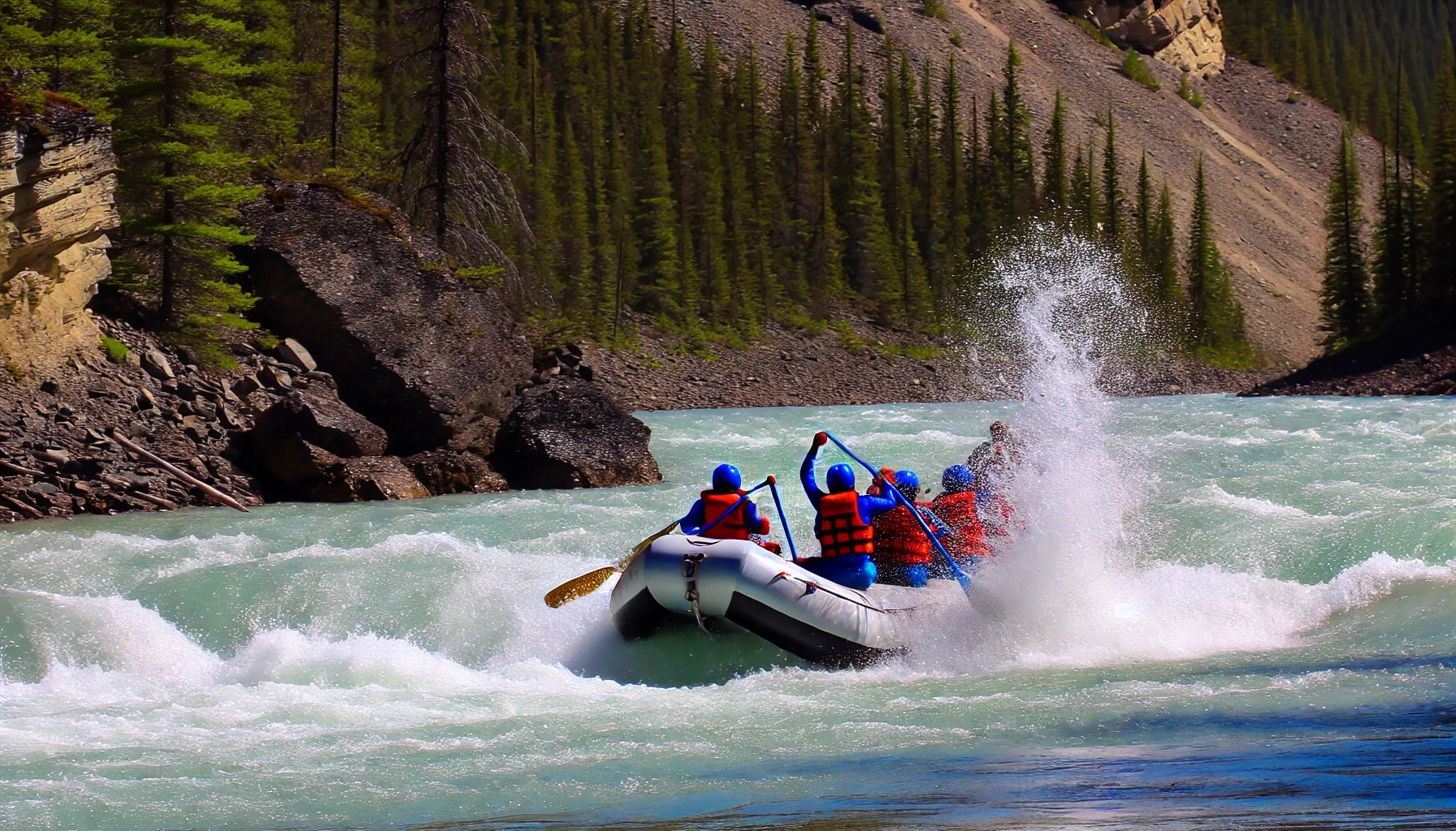 Rafters navigating thrilling rapids in Jasper National Park, surrounded by forests and cliffs.