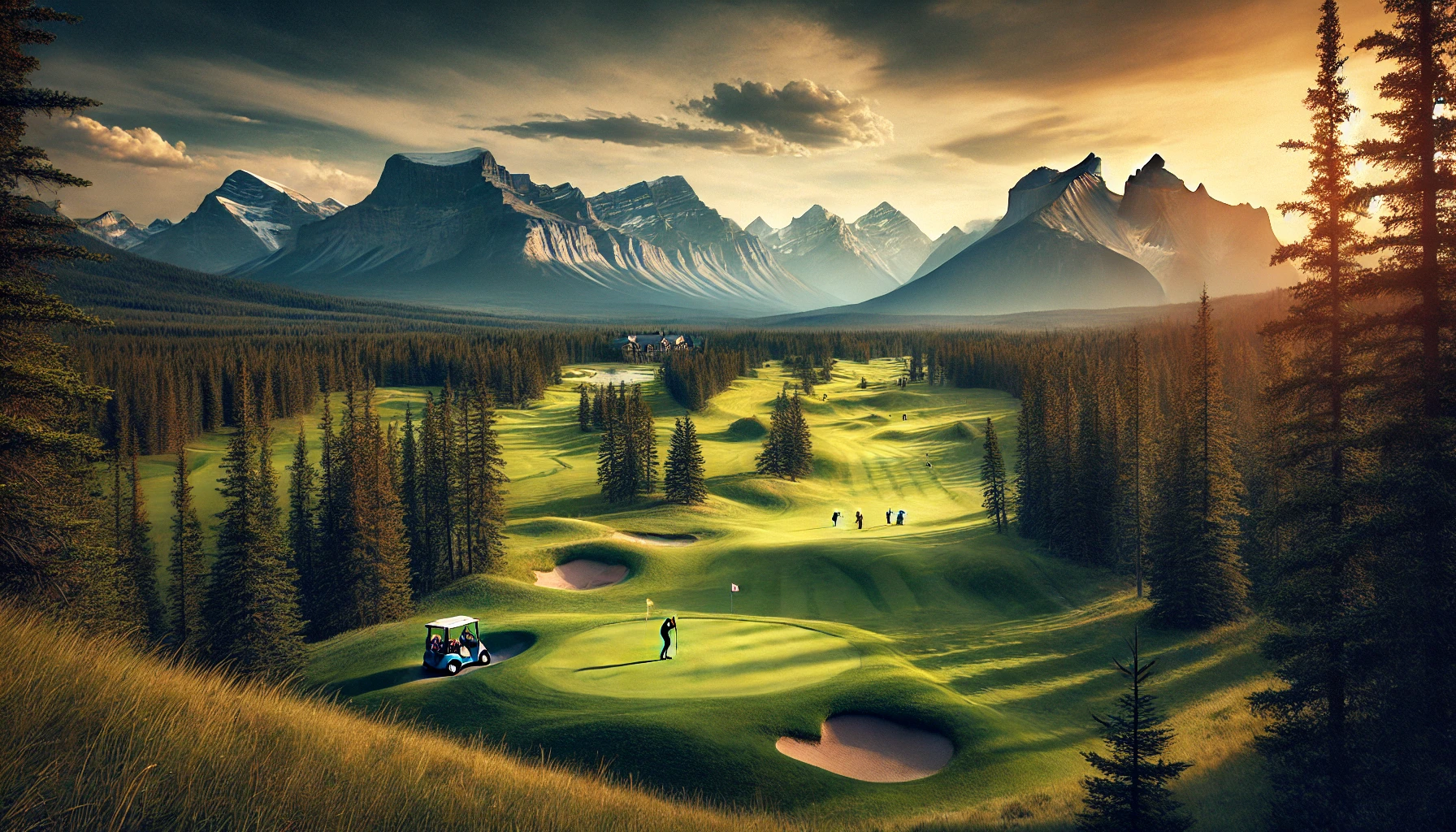 Golfers playing at the Fairmont Jasper Park Lodge course, with mountain vistas and lush fairways.