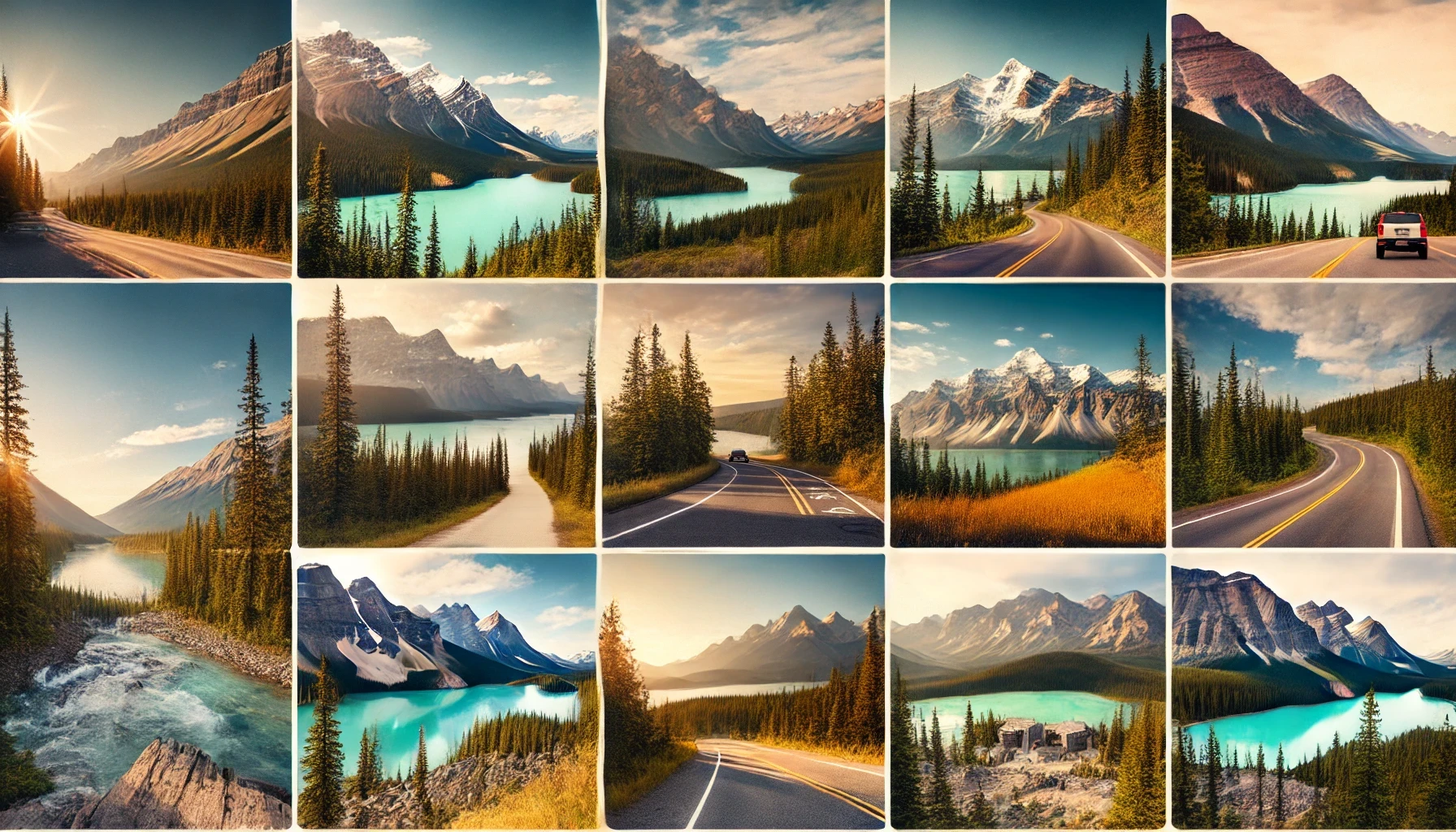 Scenic drives in Jasper National Park in Canada, featuring mountains, lakes, forests, and winding roads.