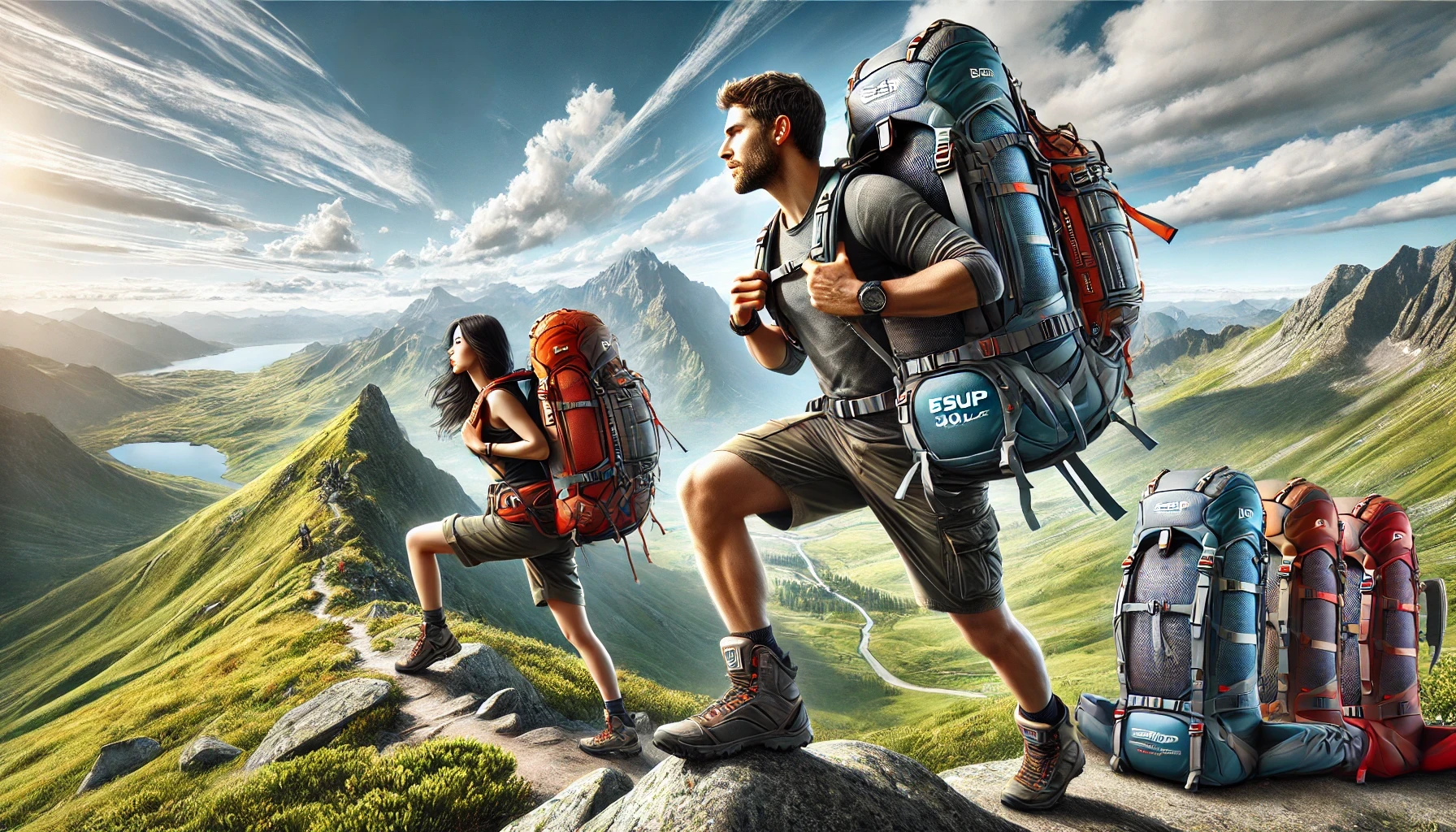 Man and woman hiking with Esup Hiking Backpack in a scenic mountainous landscape.