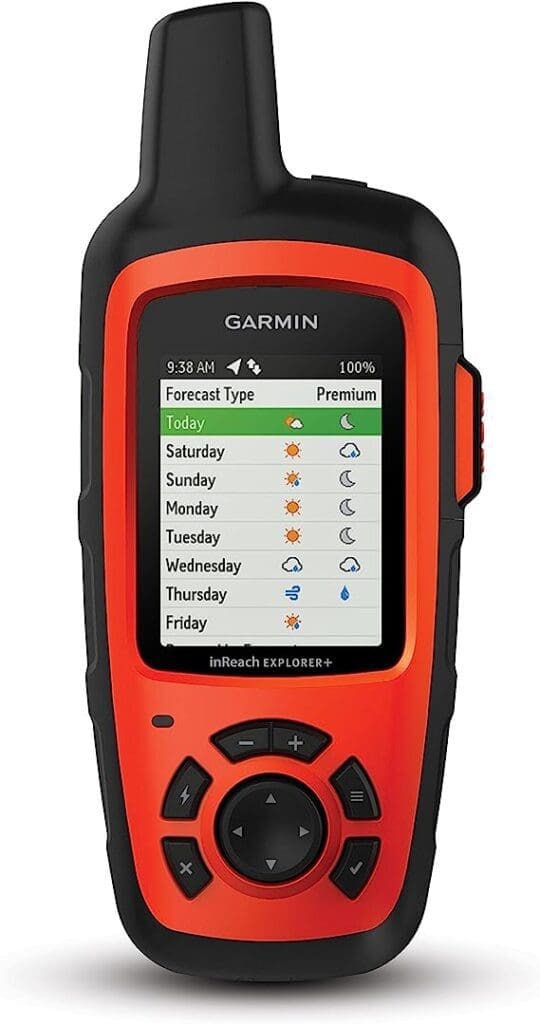 A Garmin inReach Explorer+ Satellite Communicator device with a colorful screen displaying a map, perfect for navigating the world's best hiking trails.