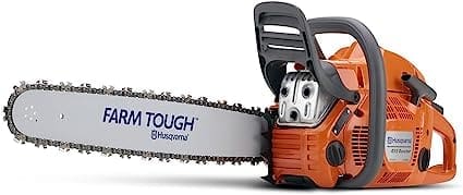 A reliable and powerful Husqvarna 455 Rancher gas chainsaw with a 20-inch bar, perfect for cutting firewood on public land in Alberta.