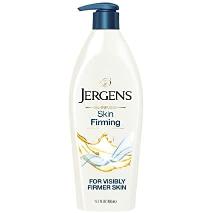 A bottle of Jergens Skin Firming Body Lotion for Dry to Extra Dry Skin, featuring skin-tightening cream with collagen and elastin for hydrated, youthful-looking skin.