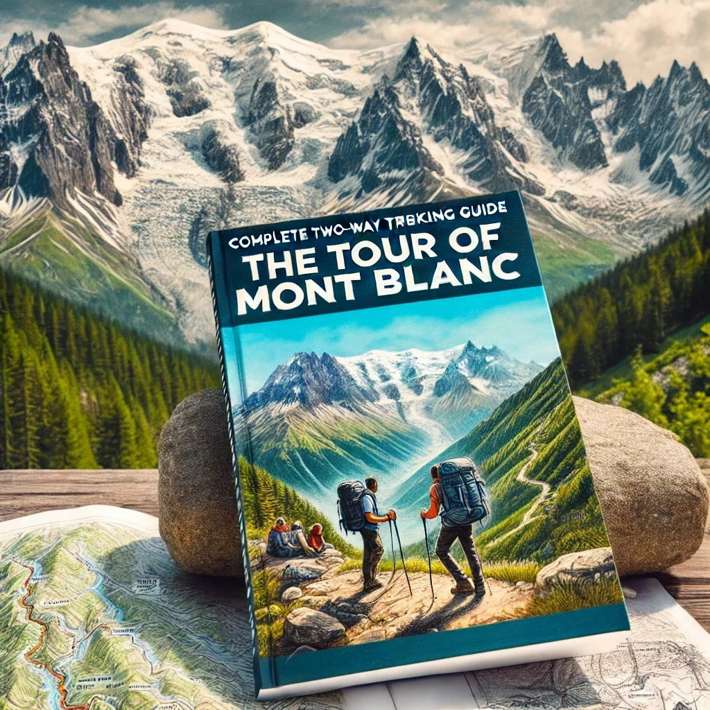 Tour of Mont Blanc trekking guide featuring mountain landscape, hikers, and essential gear.