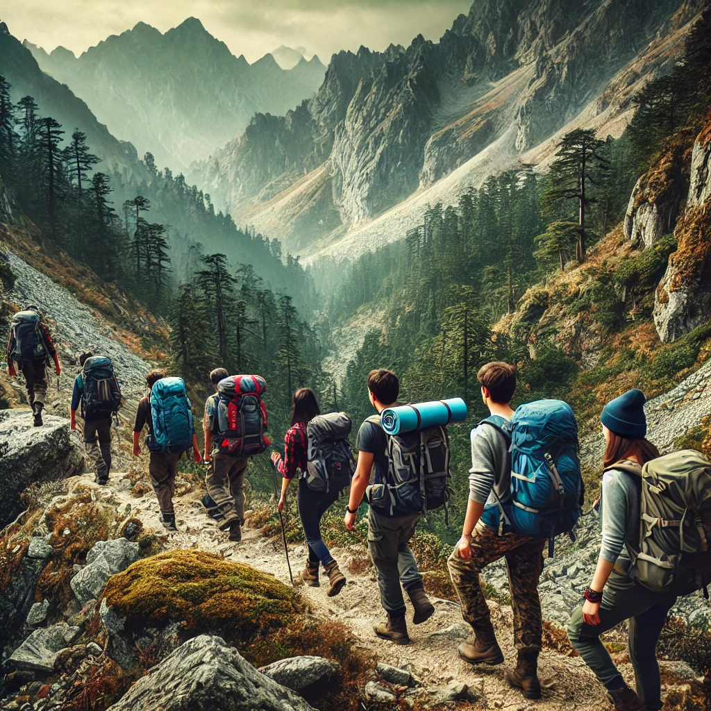 Group trekking through a rugged mountain trail surrounded by pine trees and rocky terrain.