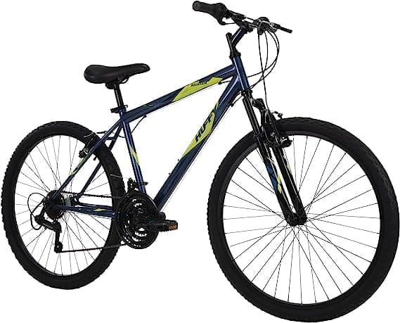 A Huffy Hardtail Mountain Trail Bike with a durable steel frame, front suspension fork, 21-speed Shimano drivetrain, linear pull brakes, and knobby tires on 24-inch, 26-inch, or 27.5-inch wheels, designed for versatile off-road adventures.