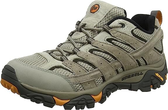 Merrell Men's Moab 2 Vent Hiking Shoe in walnut color, showcasing its breathable mesh upper, sturdy sole, and supportive design for comfortable outdoor adventures.