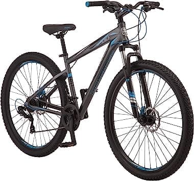 A Mongoose Impasse HD Mens Mountain Bike in blue and black, featuring a full suspension frame, 29-inch wheels, and disc brakes.