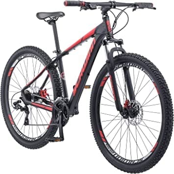 Schwinn Bonafide Mountain Bike in red and black, featuring an aluminum frame, 29-inch wheels, and knobby tires for enhanced trail performance.