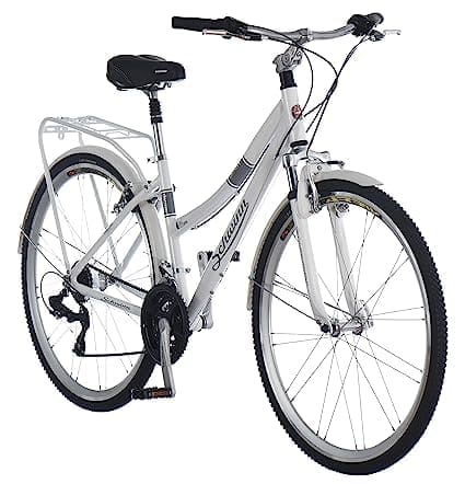 Schwinn Discover Men's and Women's Hybrid Bike, featuring a sleek white frame, comfortable saddle, and sturdy tires for versatile commuting.