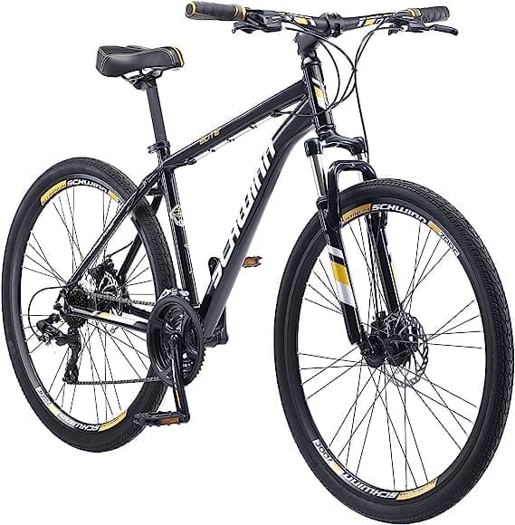 Schwinn Dual Sport Hybrid Bike with a blue frame, front suspension, and disc brakes, perfect for versatile cycling experiences on various terrains.