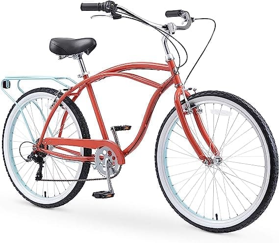 A stylish Sixthreezero Around The Block Men's Single-Speed Beach Cruiser Bicycle in blue, featuring a comfortable saddle, wide handlebars, and white-wall tires, perfect for leisurely rides and casual cycling.