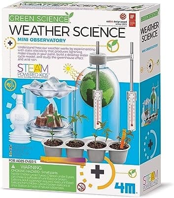 Image of the 4M 3689 Weather Science Kit, a comprehensive educational tool. The box displays various weather-related experiments including a tornado model, cloud formations, and the greenhouse effect, designed to teach children about weather patterns and phenomena like floods.