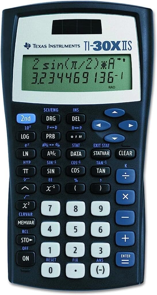 A sleek, professional-grade scientific calculator with a black front and blue accents. The calculator features a two-line display, allowing both the entry and calculated result to be visible at the same time.