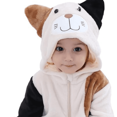 Charming baby in TONWHAR koala costume jumpsuit, a cuddly choice for Baby Halloween Outfits. Soft grey fleece with adorable ears and nose, perfect for infants and toddlers during autumn and winter celebrations.