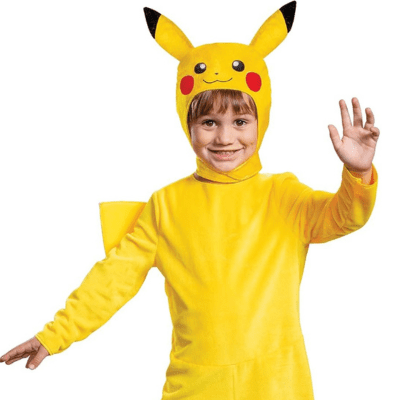 A toddler wearing a bright yellow Pikachu costume with red cheeks, pointy ears, and a zigzag tail. The child is smiling and standing in a playful pose, showcasing one of the cutest Baby Halloween Outfits inspired by the popular Pokemon character.