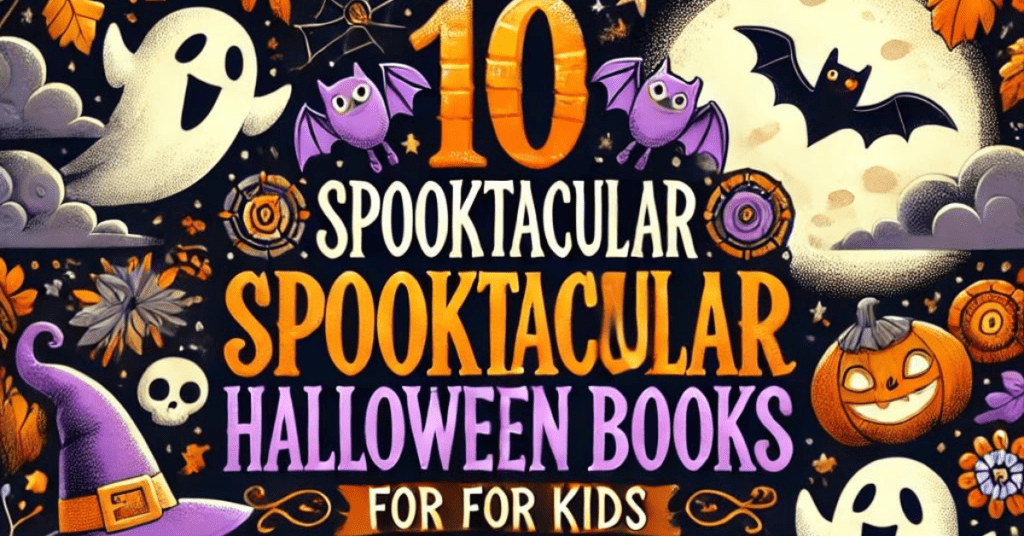 Colourful Halloween-themed image with pumpkins, ghosts, and bats for halloween books for kids.