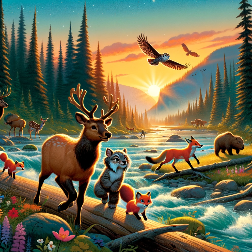 Eddie the Elk and his friends Lila the lynx, Benny the beaver, and Olivia, the great horned owl, embark on a dawn adventure across Elk Island, exploring its diverse landscapes and encountering the park's wildlife.