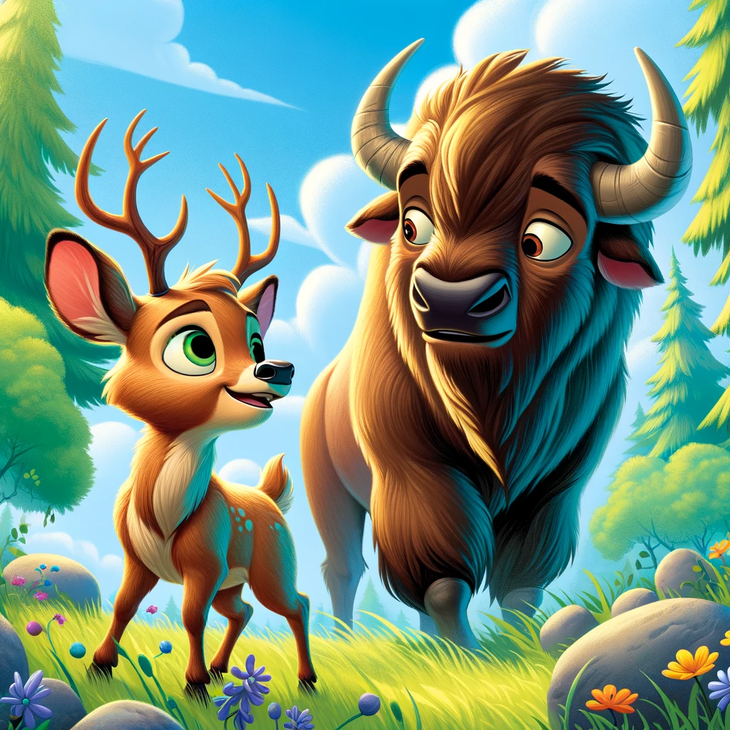 Restoring Elk Island is embodied in this dynamic scene where Eddie the Young Wise Elk and Berta the Brave Wise Bison stand together in a revived, vibrant park. Eddie, with his small antlers and a curious, spirited demeanour, and Berta, exuding strength and tenacity, symbolize hope and resilience in the face of environmental challenges. The lush greenery and blooming flowers reflect the ongoing efforts and success in restoring Elk Island's natural beauty, as highlighted in the blog post "Chapter 1: Restoring Elk Island – A Mysterious Change".