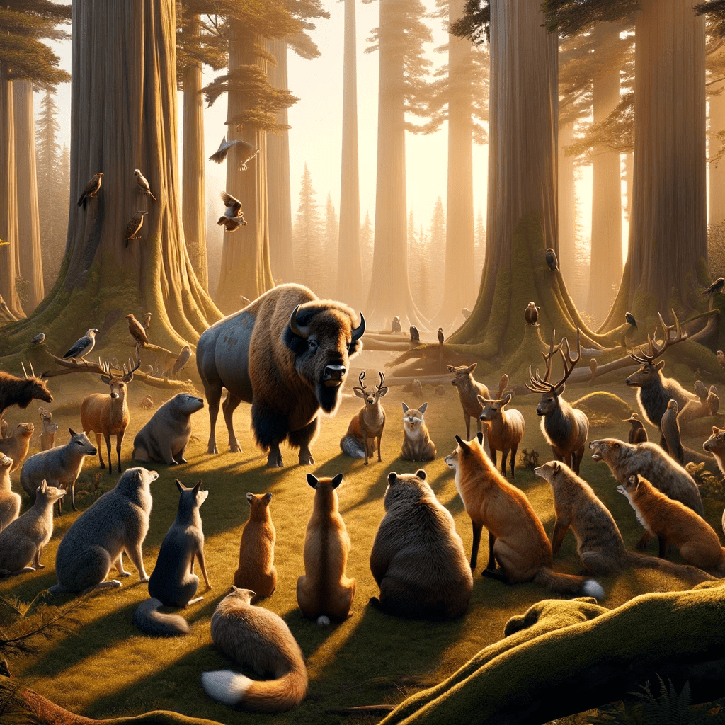 The Great Gathering unfolds in an enchanting forest clearing on Elk Island, where animals of various species come together in a solemn assembly. Surrounded by towering ancient trees, the scene captures the essence of unity and peace among the park's inhabitants. This image visually represents "Chapter 2: The Great Gathering of Park Inhabitants," capturing the momentous occasion where the natural world comes together in harmony.