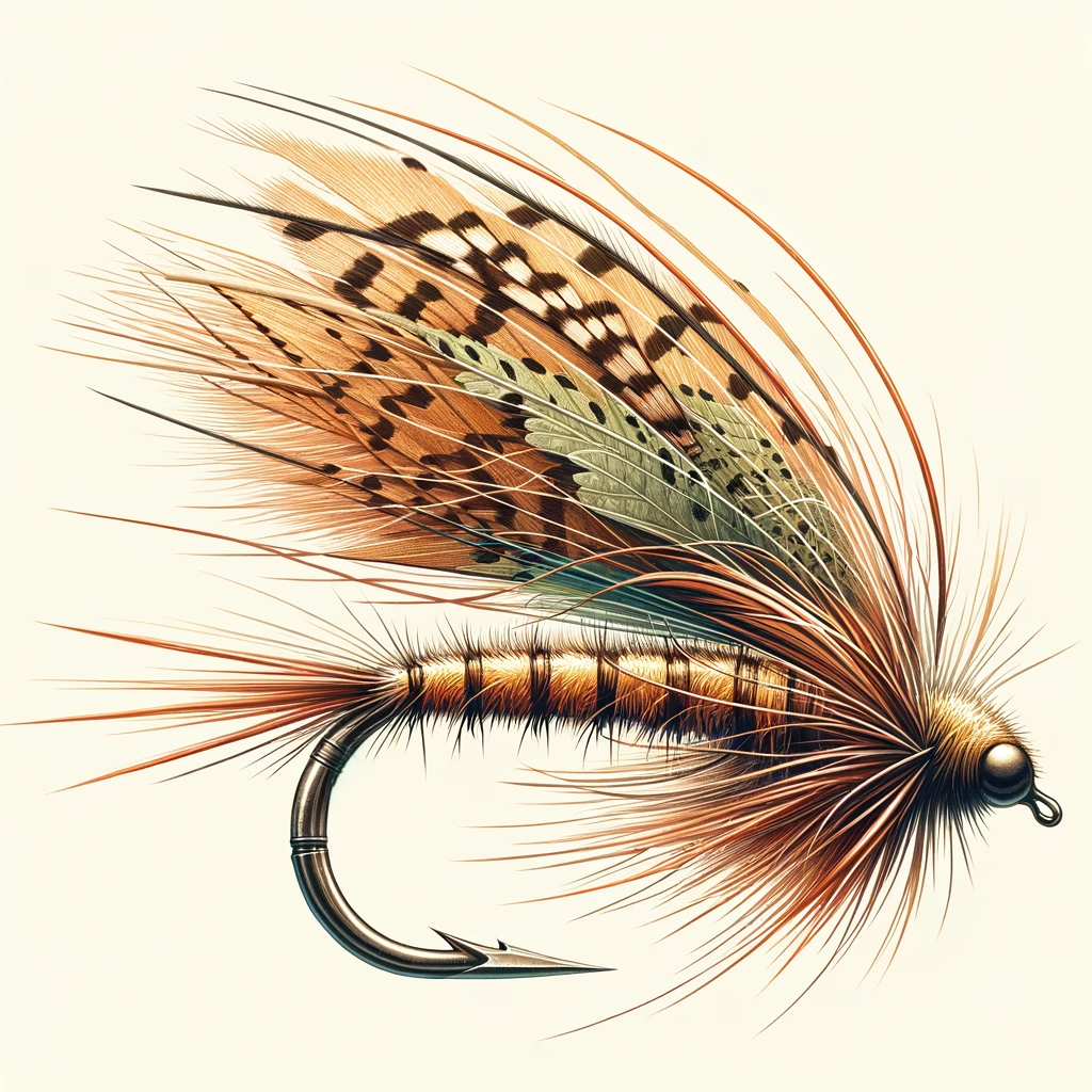 The illustration of a Pheasant Tail Nymph fly for fly fishing shows its slender brown and copper body.
