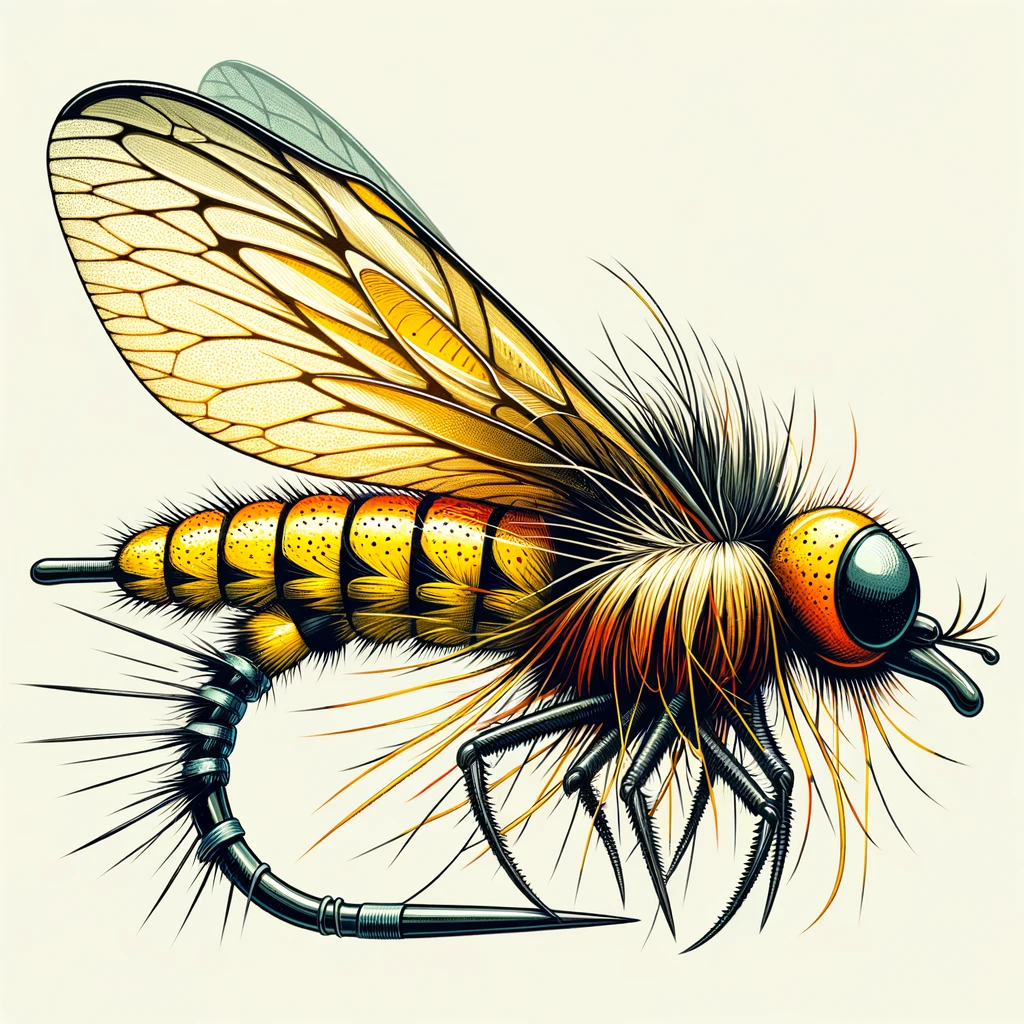 Detailed illustration of a Madam X fly for fly fishing, mimicking Stonefly patterns with a distinctive design.