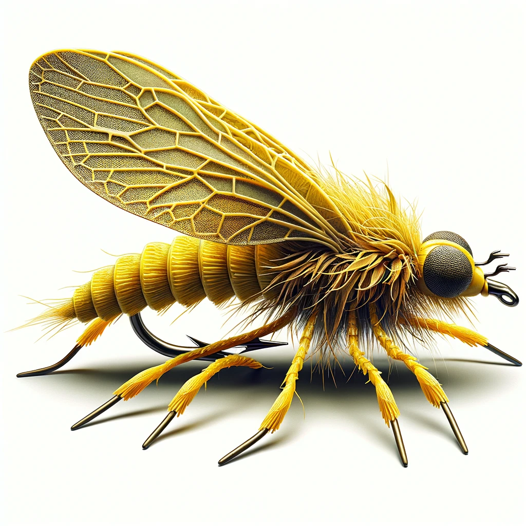 Illustration of a Foam Golden Stone fly for fly fishing, designed to mimic Stonefly patterns with buoyant foam.