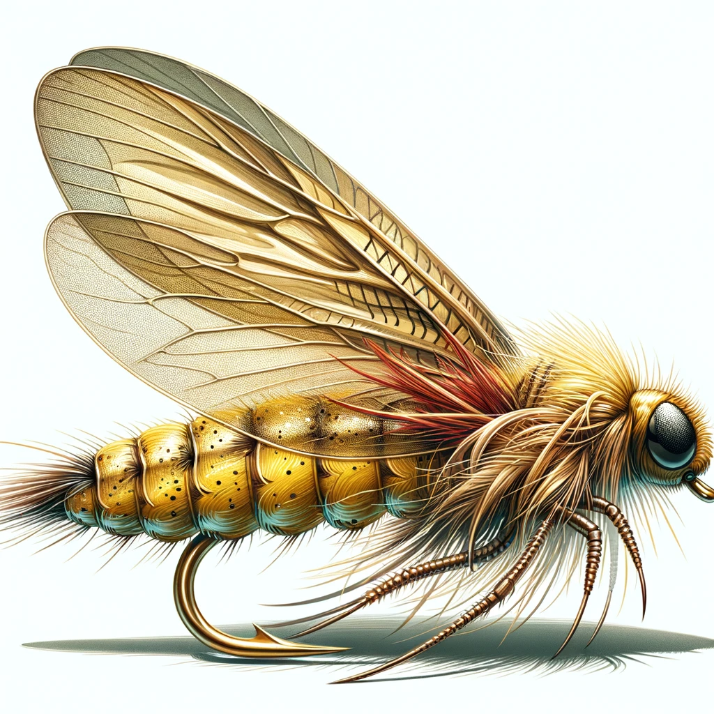 A detailed illustration of a Golden Stone Nymph fly for fly fishing, designed to imitate the nymph stage of the Golden Stonefly.