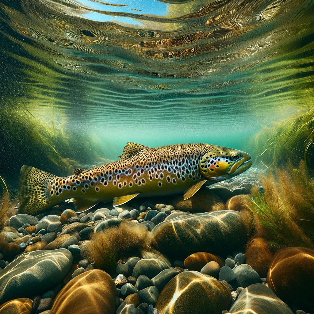 An underwater scene of a brown trout camouflaged against the Bow River bed, serene and clear.
