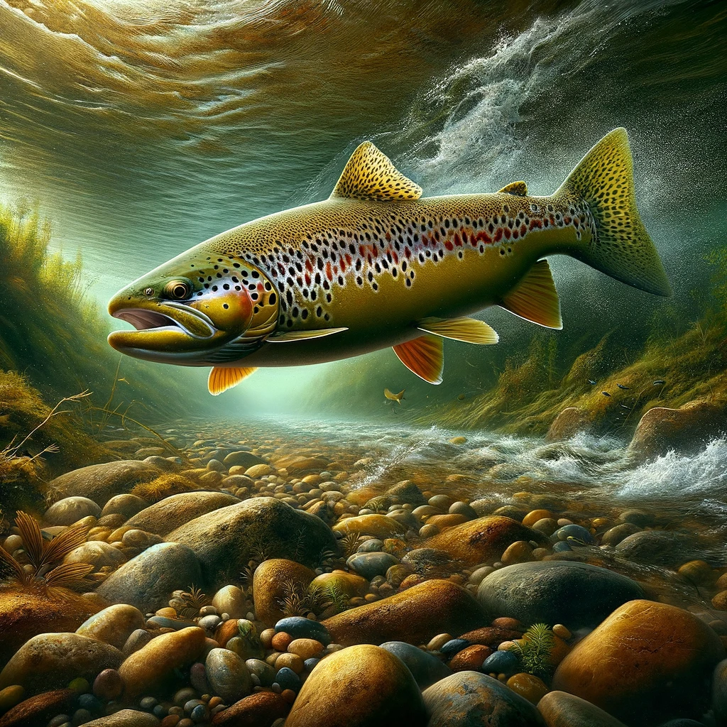 Aggressive brown trout swims powerfully along the riverbed, guided by the Bow River Hatch Chart.
