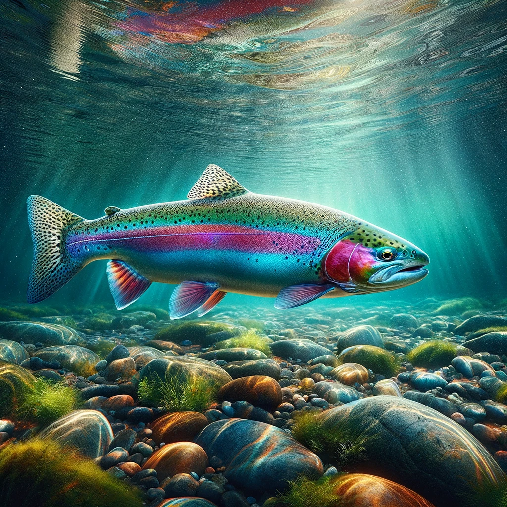 Vibrant rainbow trout swims along the riverbed, its colours guided by the Bow River Hatch Chart.