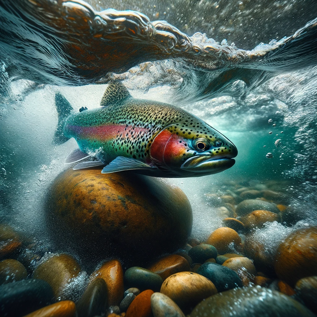 Rainbow trout swims deftly behind a rock in fast river flow, guided by the Bow River Hatch Chart.
