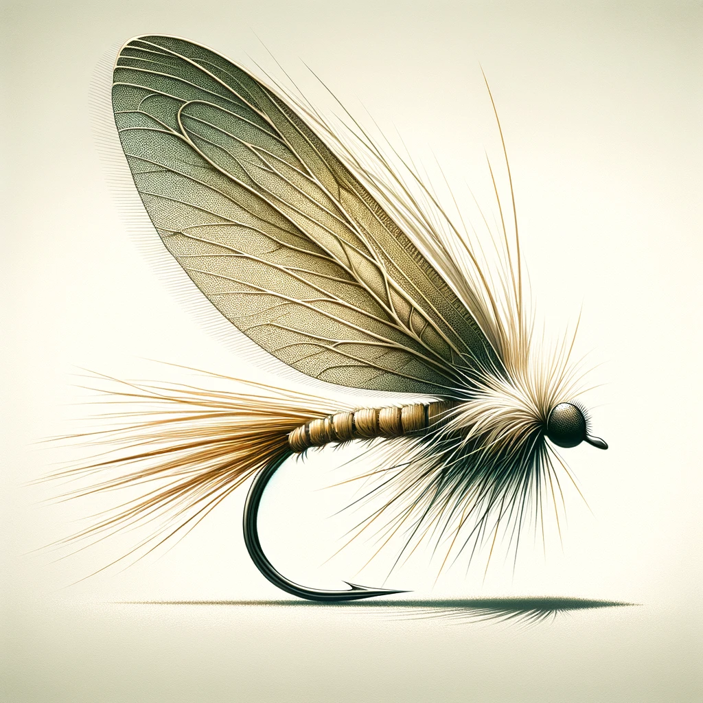 The illustration of a Comparadun fly for fly fishing emphasizes its wide, flat deer hair wing to mimic natural insect wings.