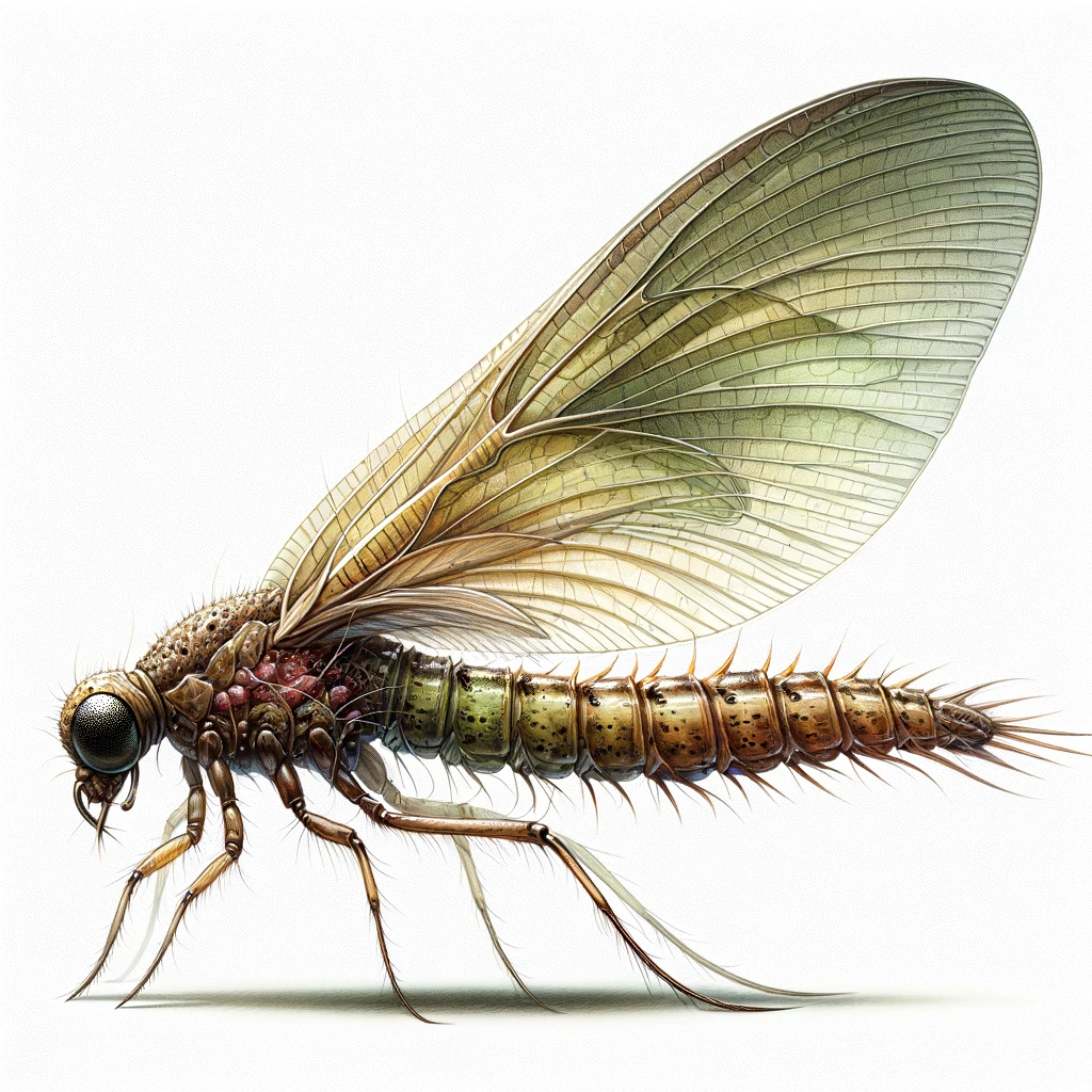 "Illustration of a Trico Nymph for fly fishing, slender and delicate, mirroring the real insect's subtlety."