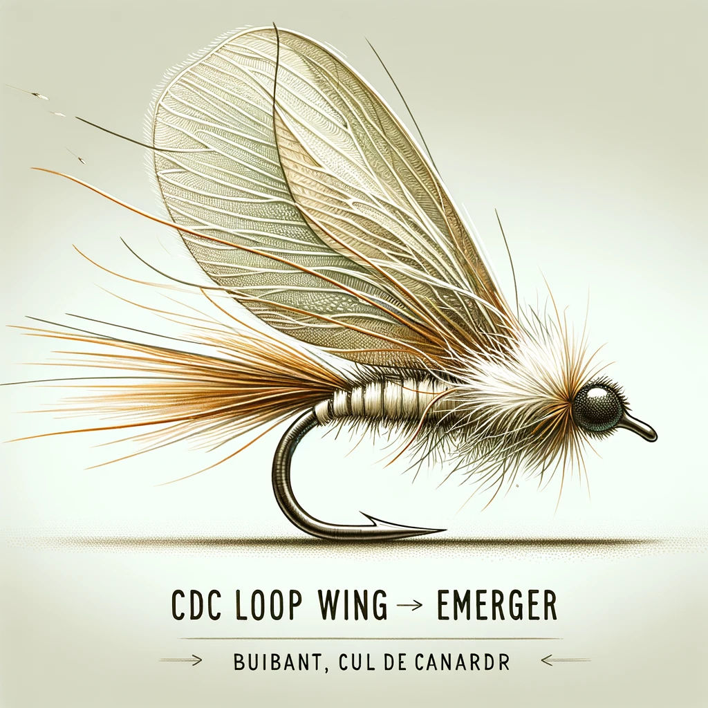 Illustration of a CDC Loop Wing Emerger flies for fly fishing, showcasing its unique looped wing design.
