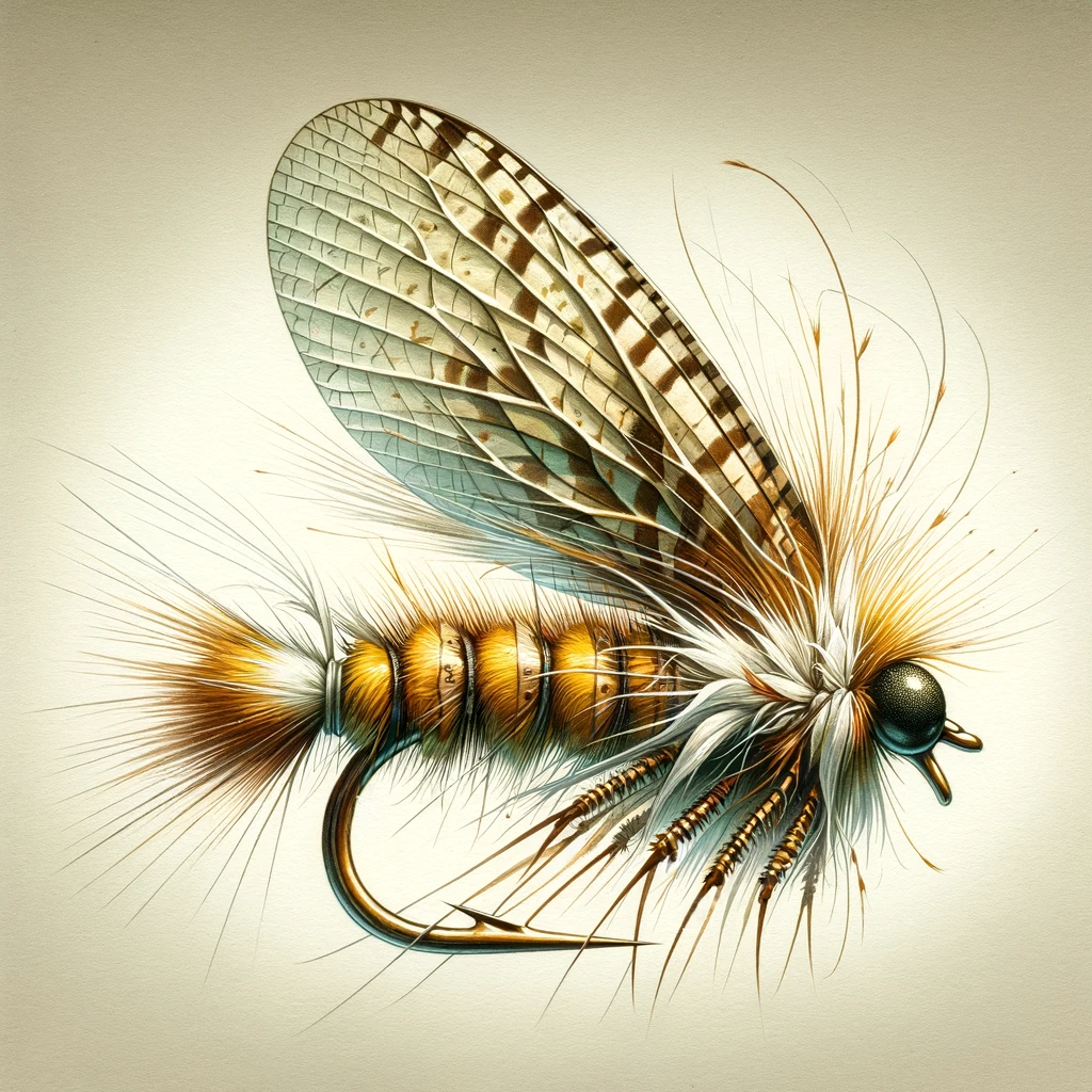 Illustration of an Elk Hair Caddis fly for fly fishing, highlighting its buoyant hair wing and defining features.