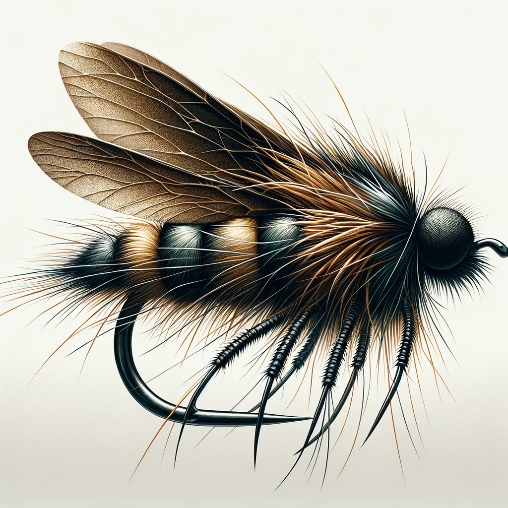 Illustration of a Deer Hair Beetle fly for fly fishing, showcasing its compact, rounded beetle-like shape.