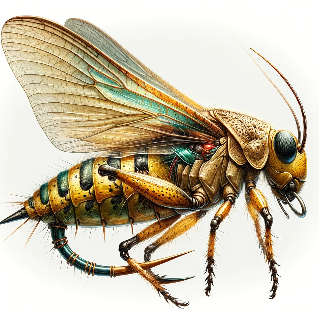 Illustration of a Grasshopper fly for fly fishing, accurately replicating a grasshopper's distinctive appearance.