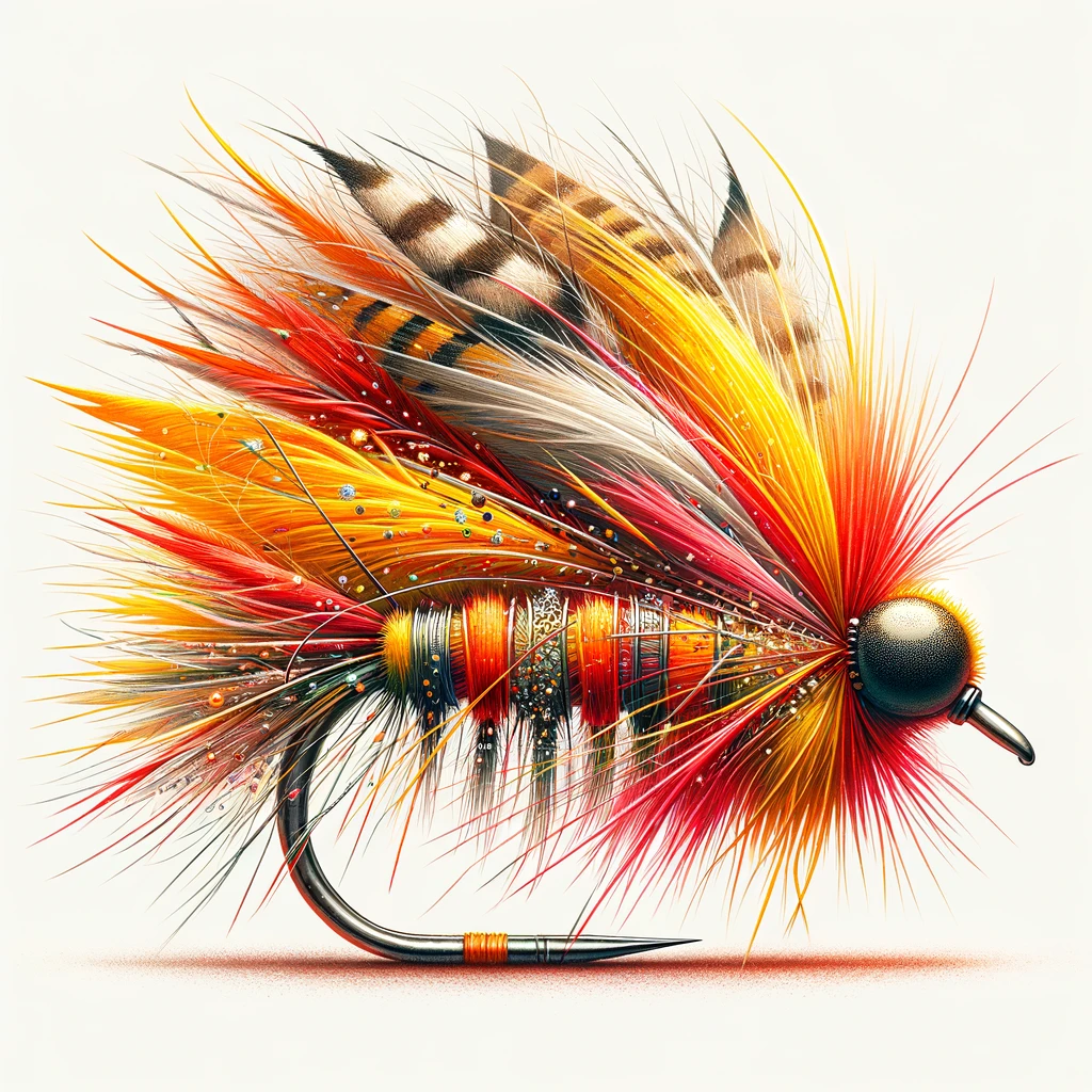 Illustration of a large, vibrant Stimulator fly for fly fishing, featuring a long, robust body and flashy colours.