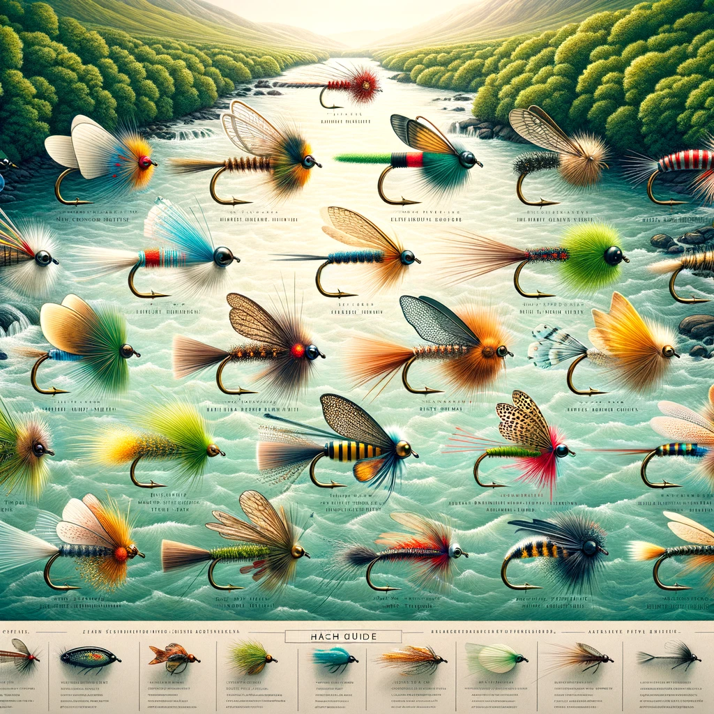 Hatch guide illustrating detailed fly lures arranged by seasonal hatches over a river backdrop.